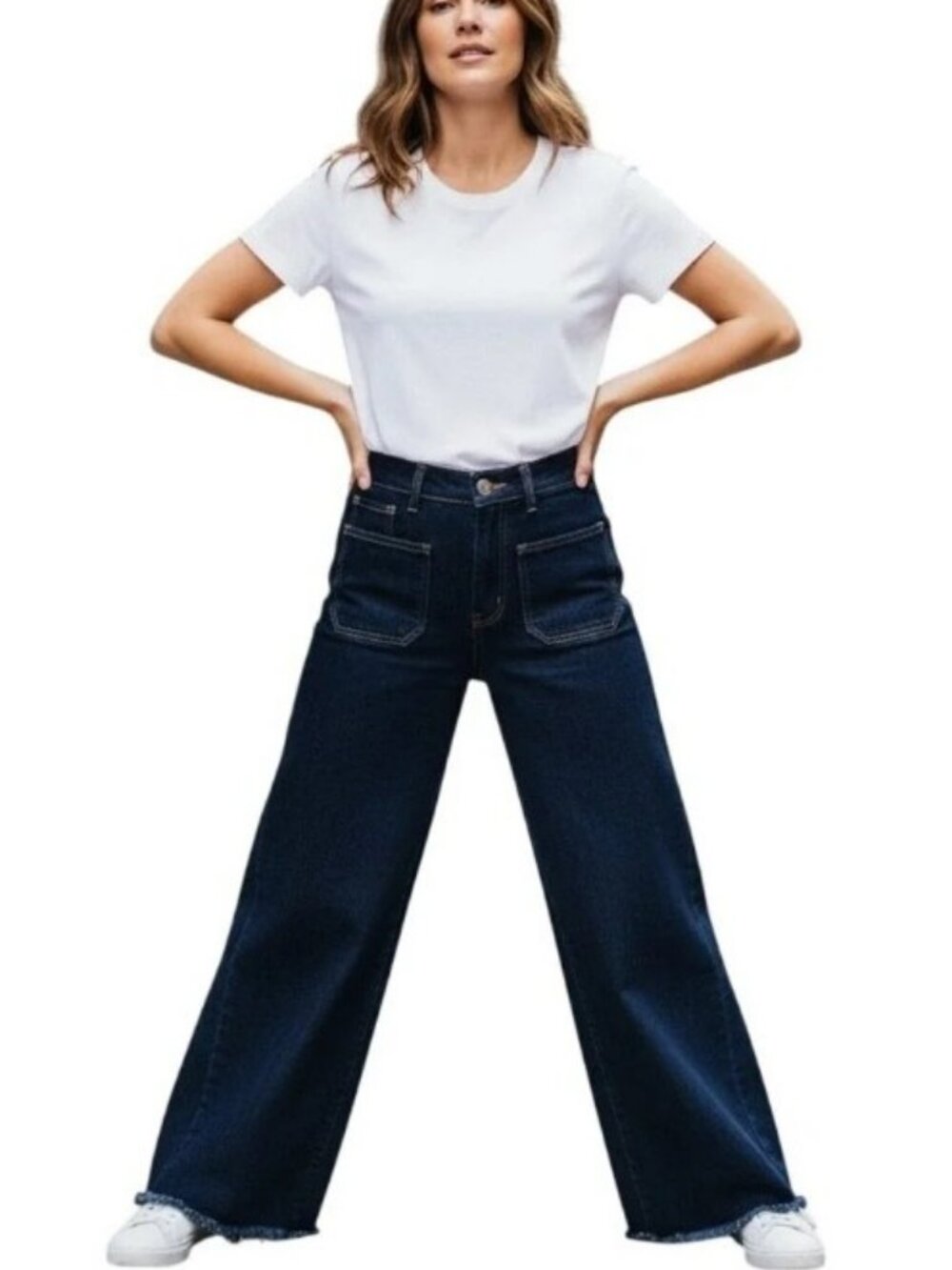 Zara High-Waist Wide Leg Dark Wash Frayed Hem Jeans Size 2 #2543 - Picture 1 of 9